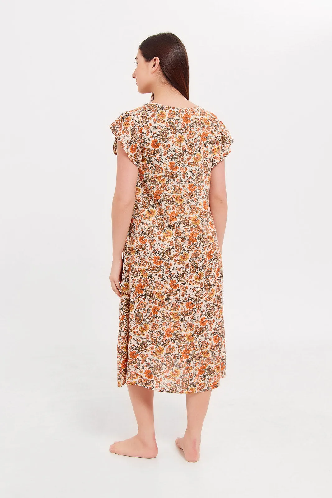 Women Beige And Orange Printed Nightgown