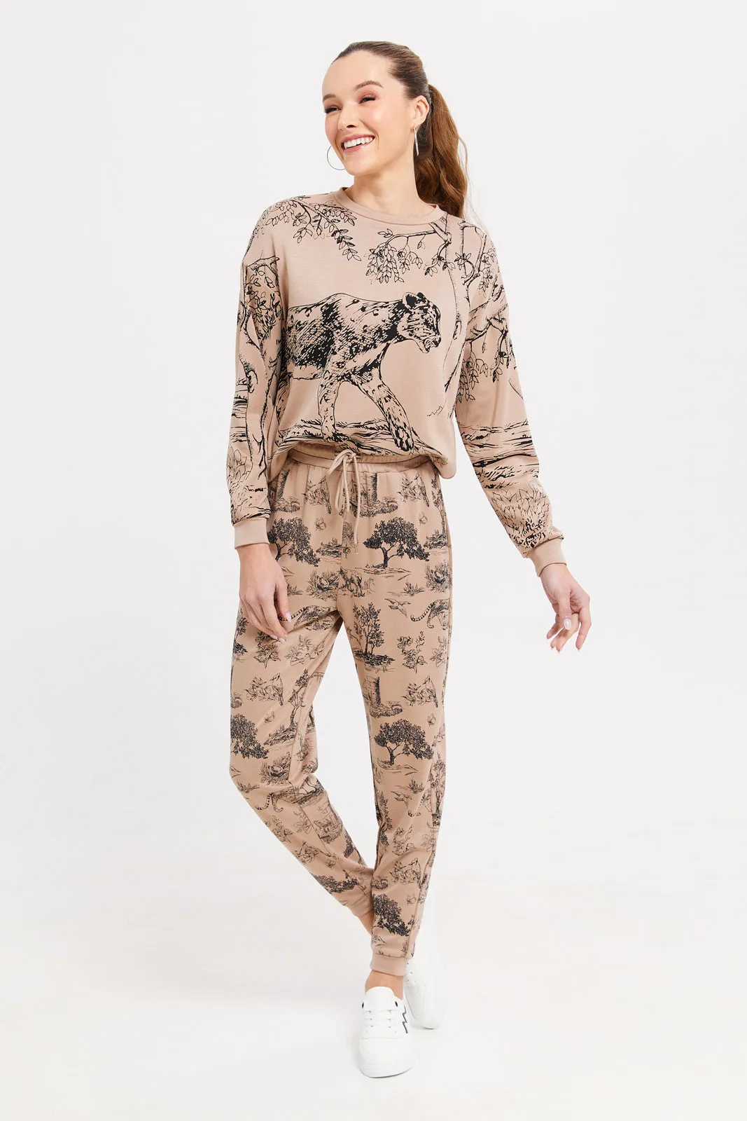 Women Beige Printed Joggers