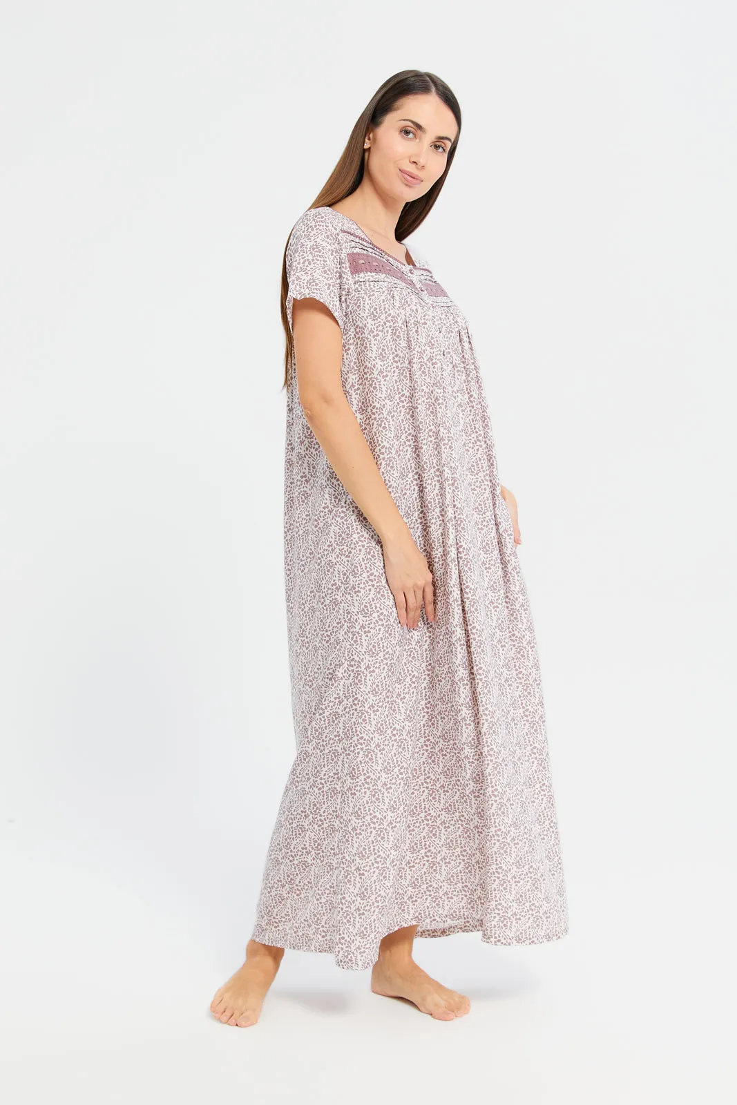 Women Beige Printed Lace Detailed Nightgown