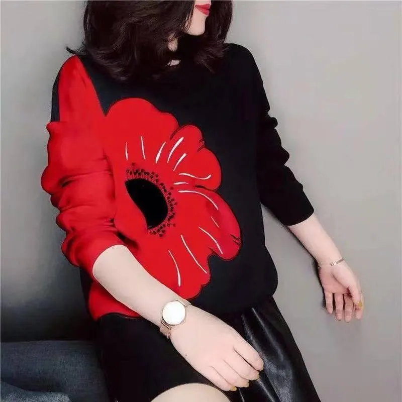 Women Big Floral Round Neck Long Sleeve Pullover Sweat