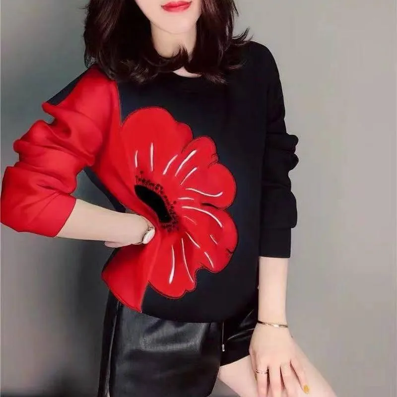 Women Big Floral Round Neck Long Sleeve Pullover Sweat