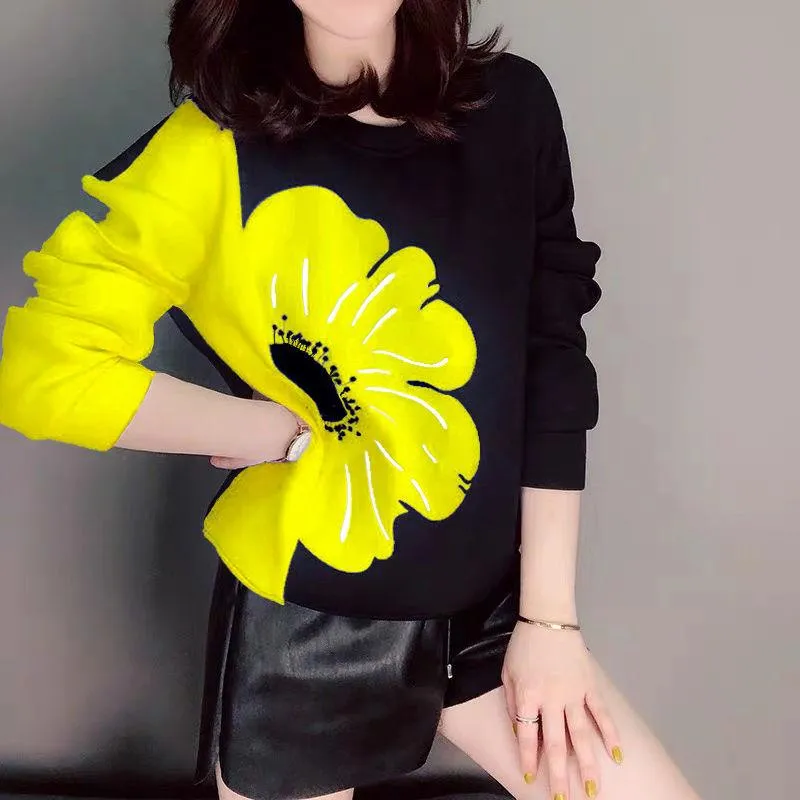 Women Big Floral Round Neck Long Sleeve Pullover Sweat