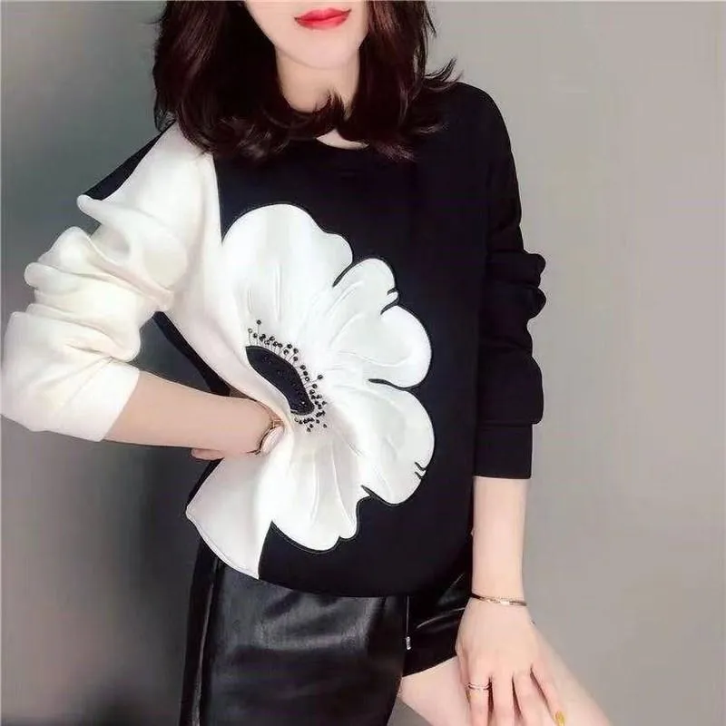 Women Big Floral Round Neck Long Sleeve Pullover Sweat