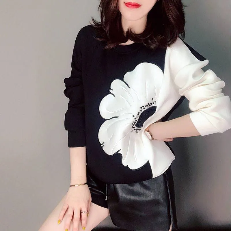 Women Big Floral Round Neck Long Sleeve Pullover Sweat