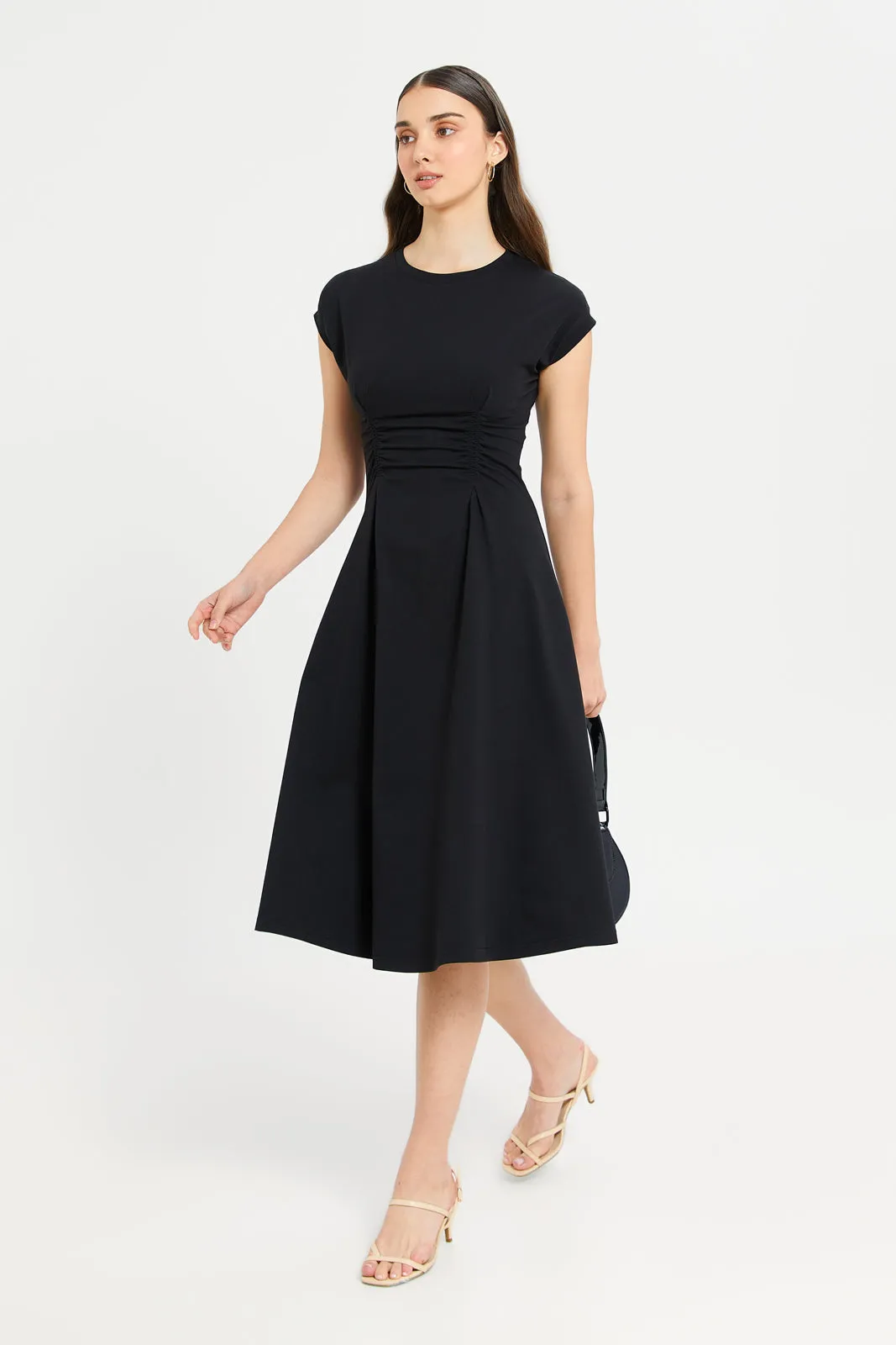 Women Black A-Line Waist Elastic Detail Dress