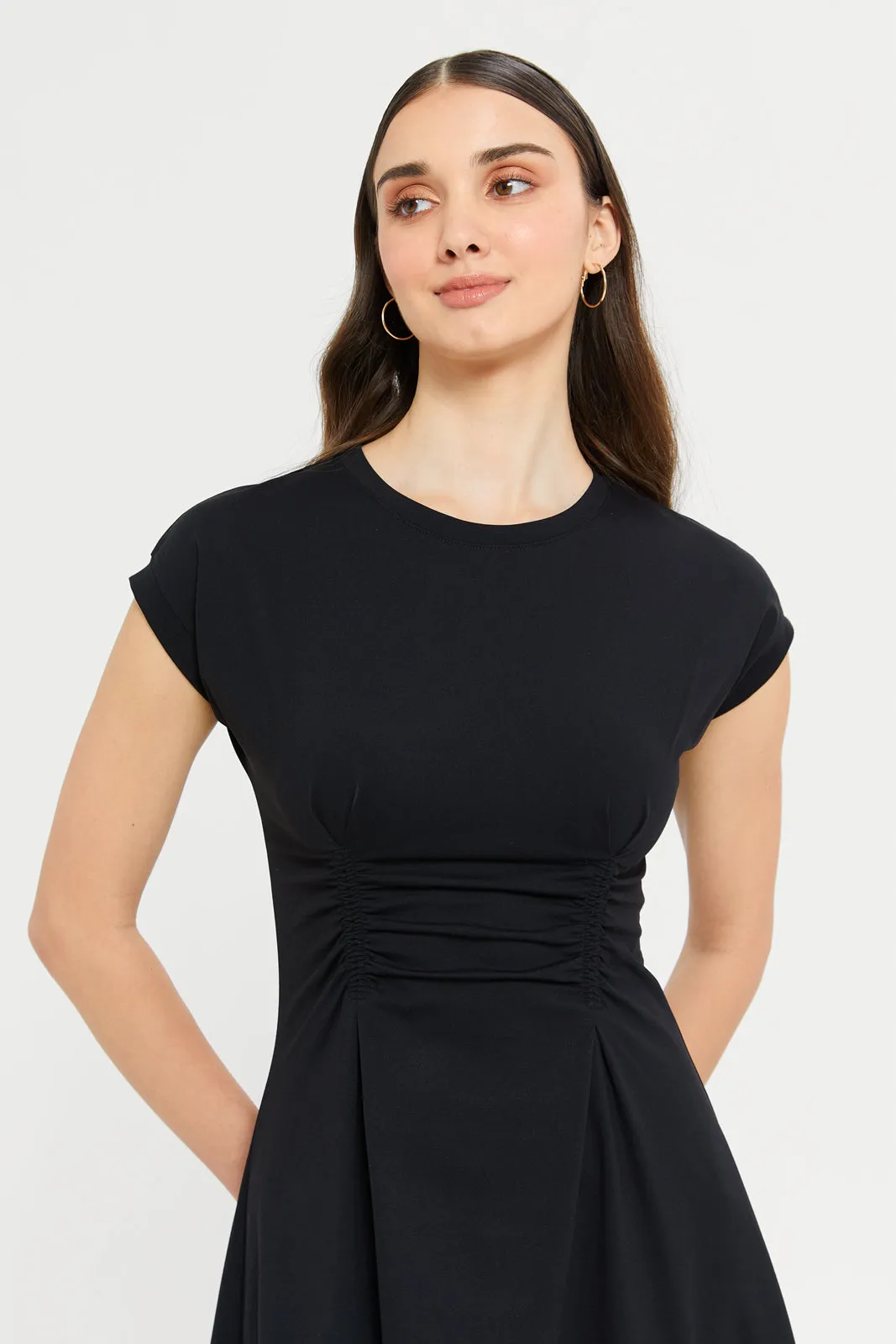 Women Black A-Line Waist Elastic Detail Dress