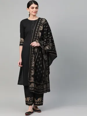 Women Black & Golden Solid Dupatta Set