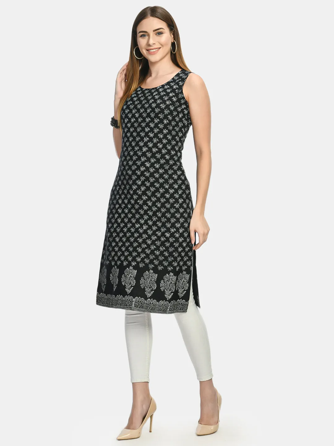 Women Black & Silver-Toned Ethnic Motifs Handblock Printed Kurta