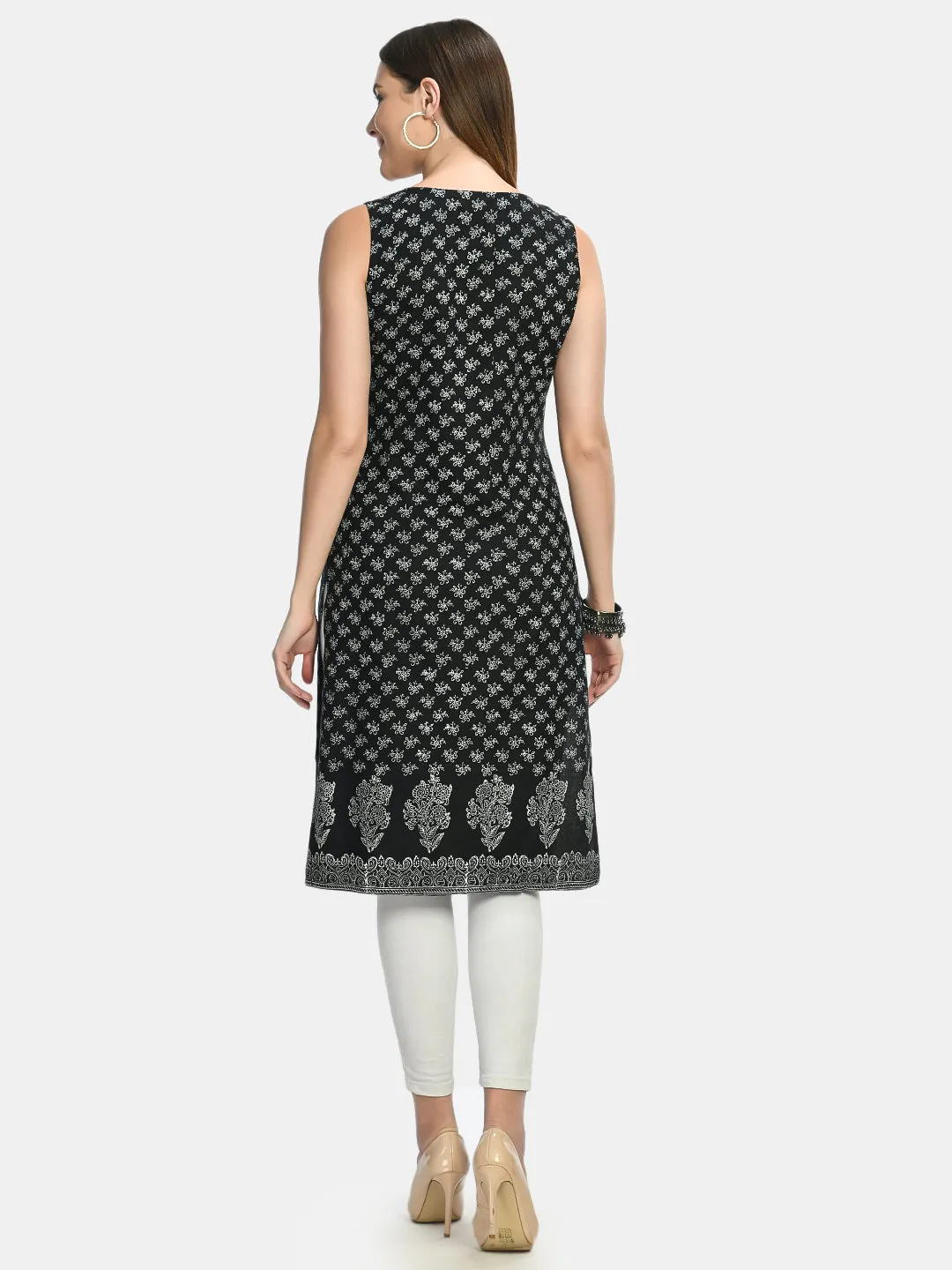 Women Black & Silver-Toned Ethnic Motifs Handblock Printed Kurta