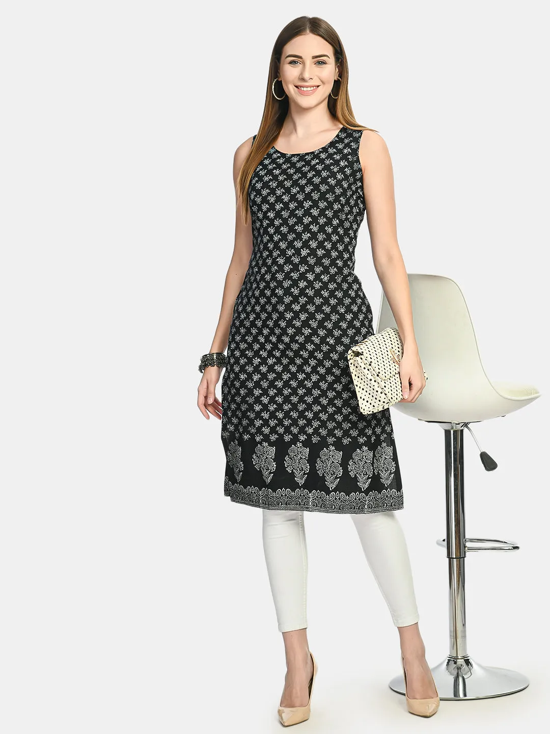 Women Black & Silver-Toned Ethnic Motifs Handblock Printed Kurta