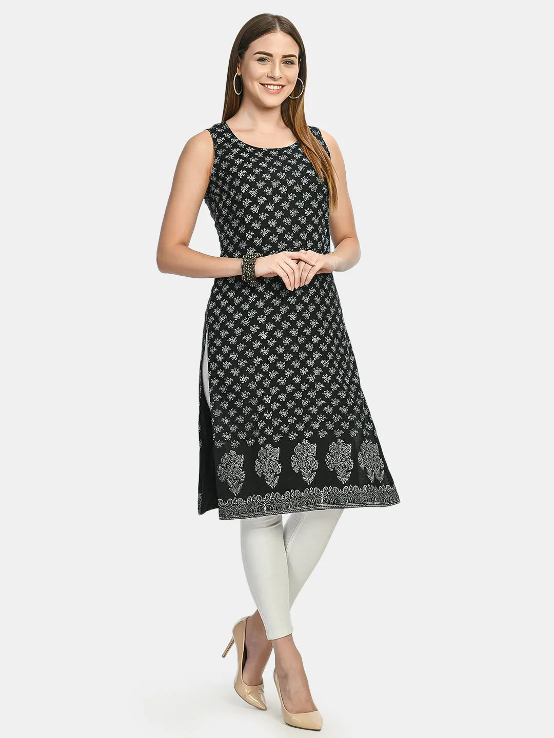 Women Black & Silver-Toned Ethnic Motifs Handblock Printed Kurta