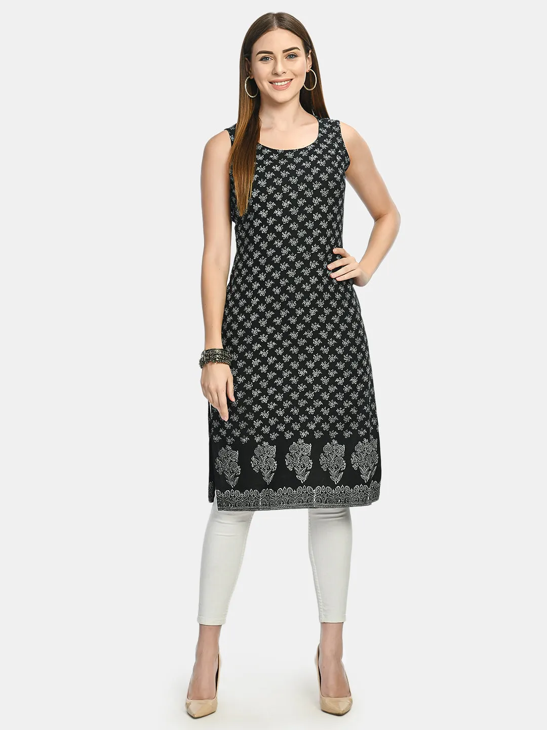 Women Black & Silver-Toned Ethnic Motifs Handblock Printed Kurta