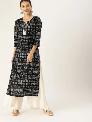 Women Black & White Printed Straight Kurta