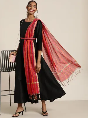 Women Black Anarkali Maxi With Red Striped Dupatta