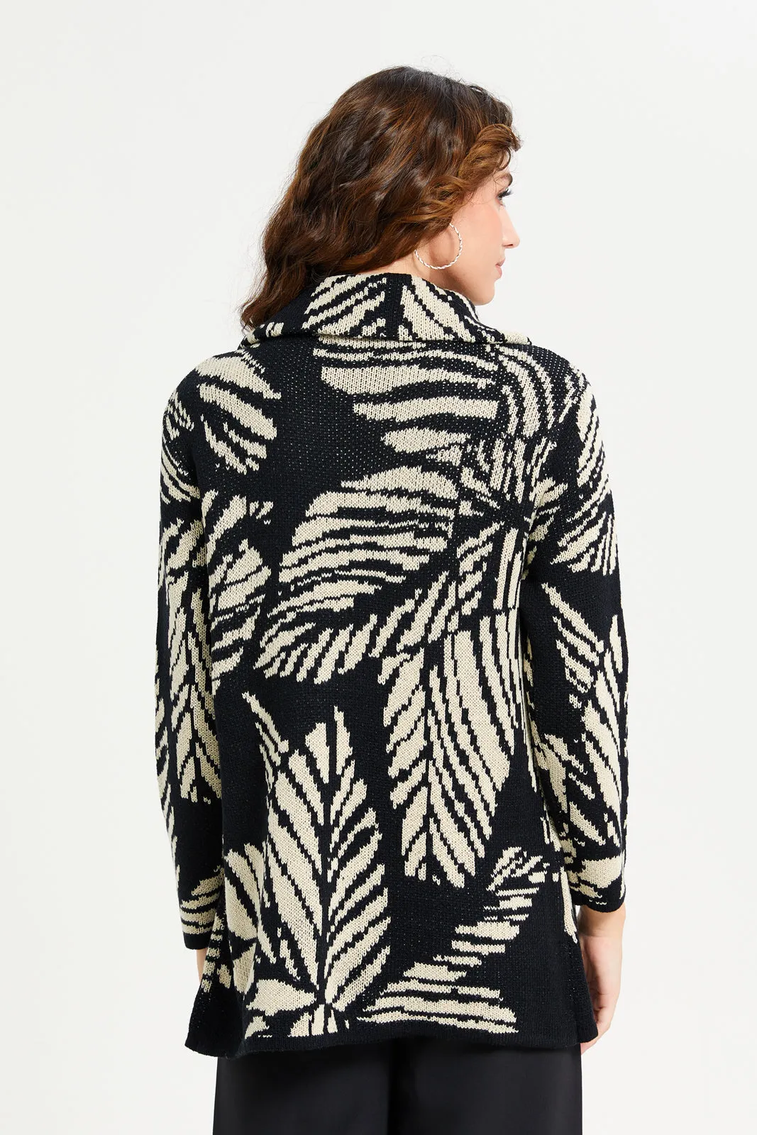 Women Black And Beige Leaves Printed Knitted Cardigan