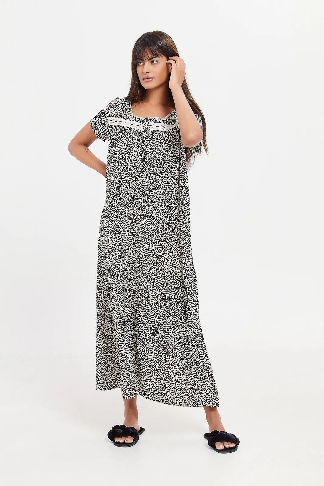 Women Black And Beige Printed Nightgown