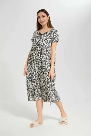 Women Black And White Allover Print Nightgown