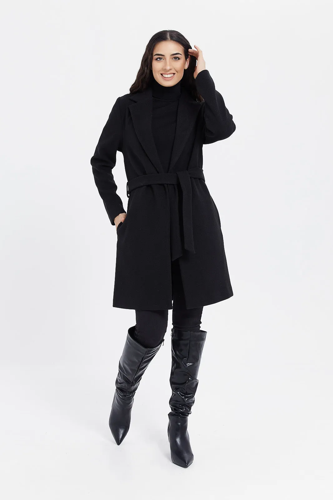 Women Black Belted Coat