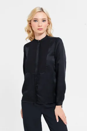 Women Black Bib- Front Shirt Blouse