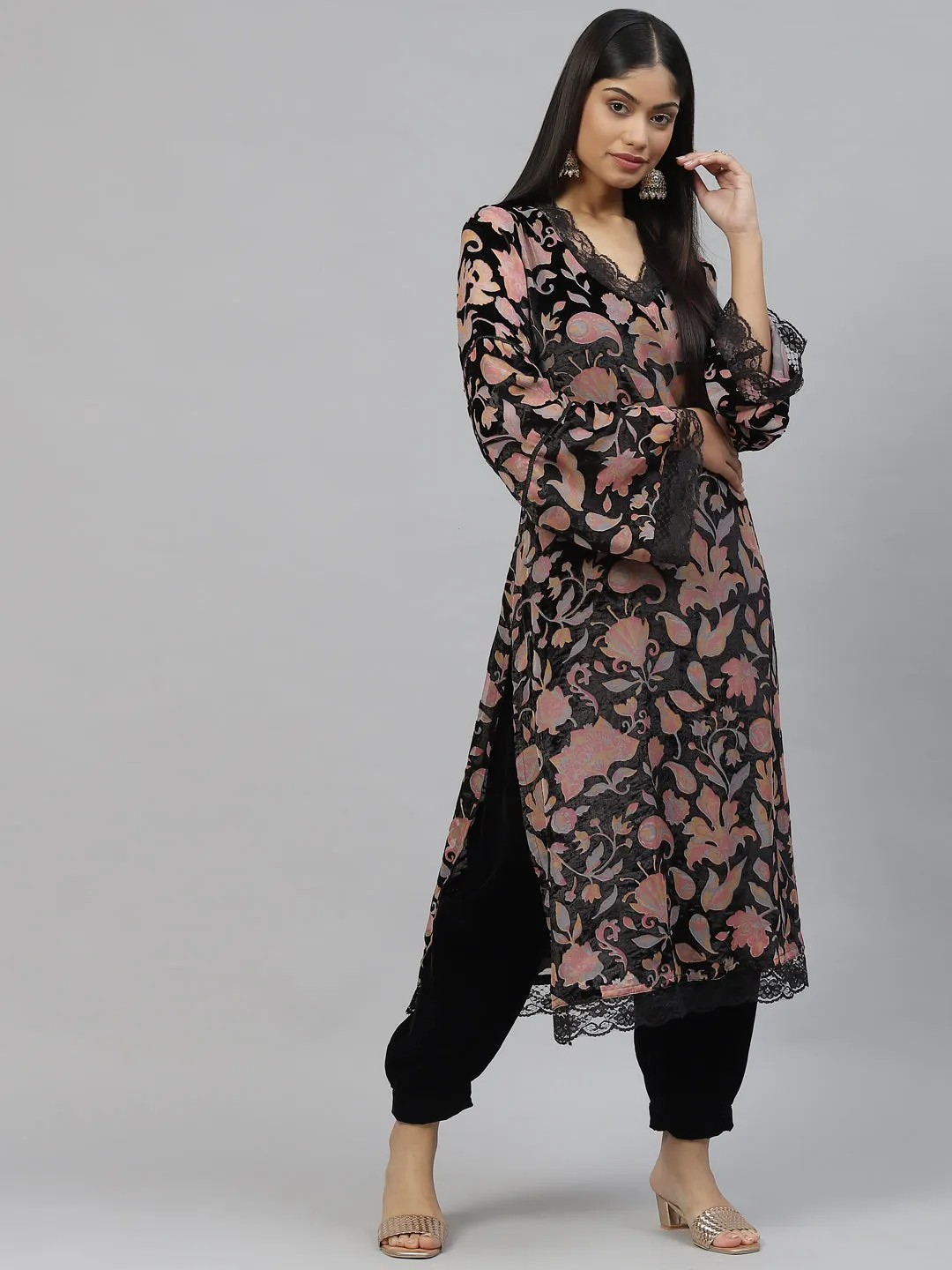 Women Black Burn Out Velvat Kurta Haram Pant With Organza Dupatta