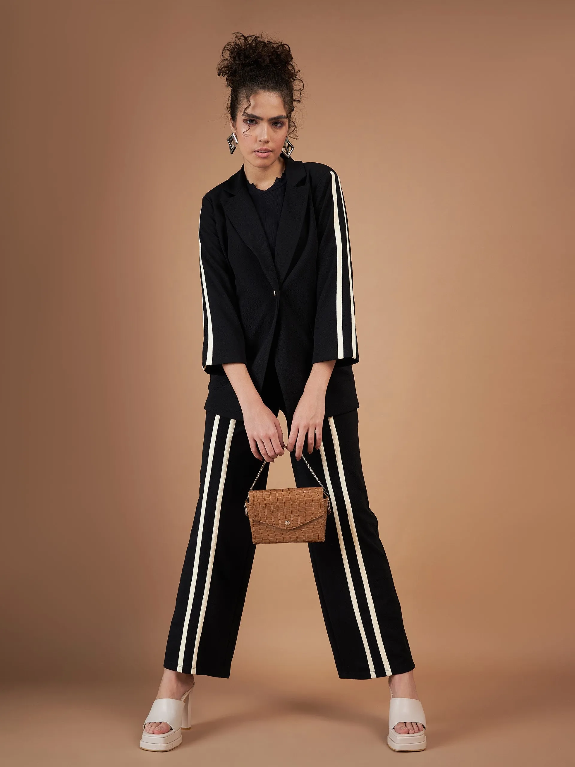 Women Black Contrast Tape Blazer With Straight Pants