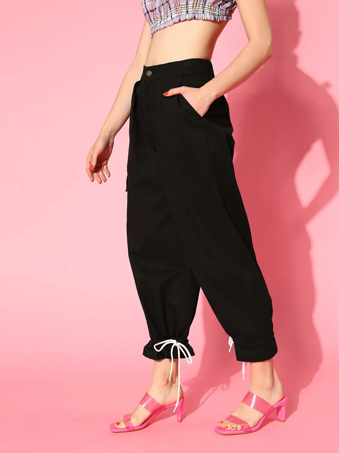 Women Black Drawstring Hem Joggers