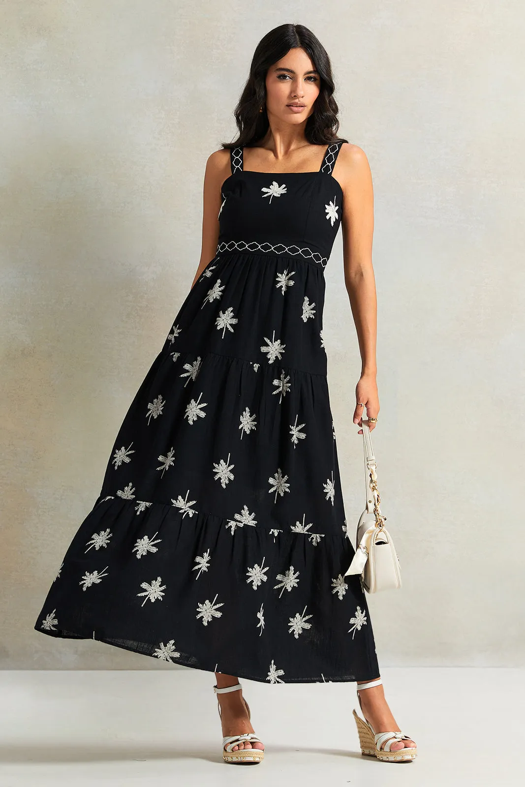 Women Black Embordered Printed Dress