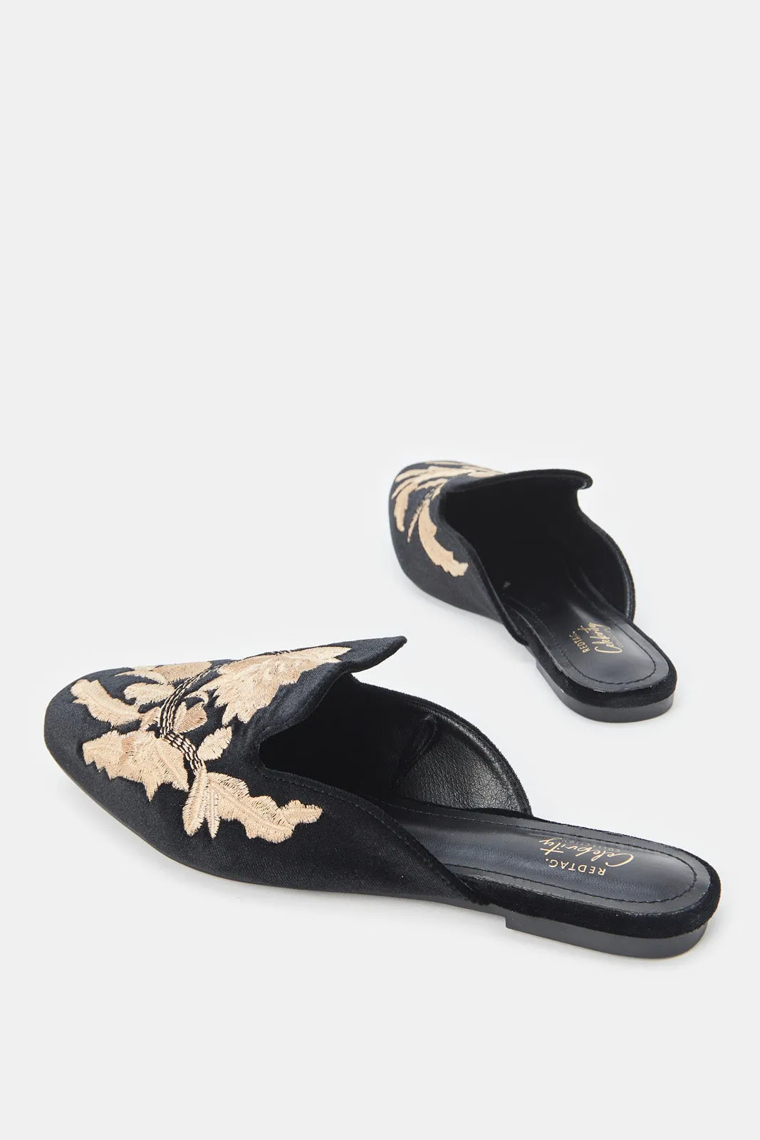 Women Black Embroidery Close Toe Mule