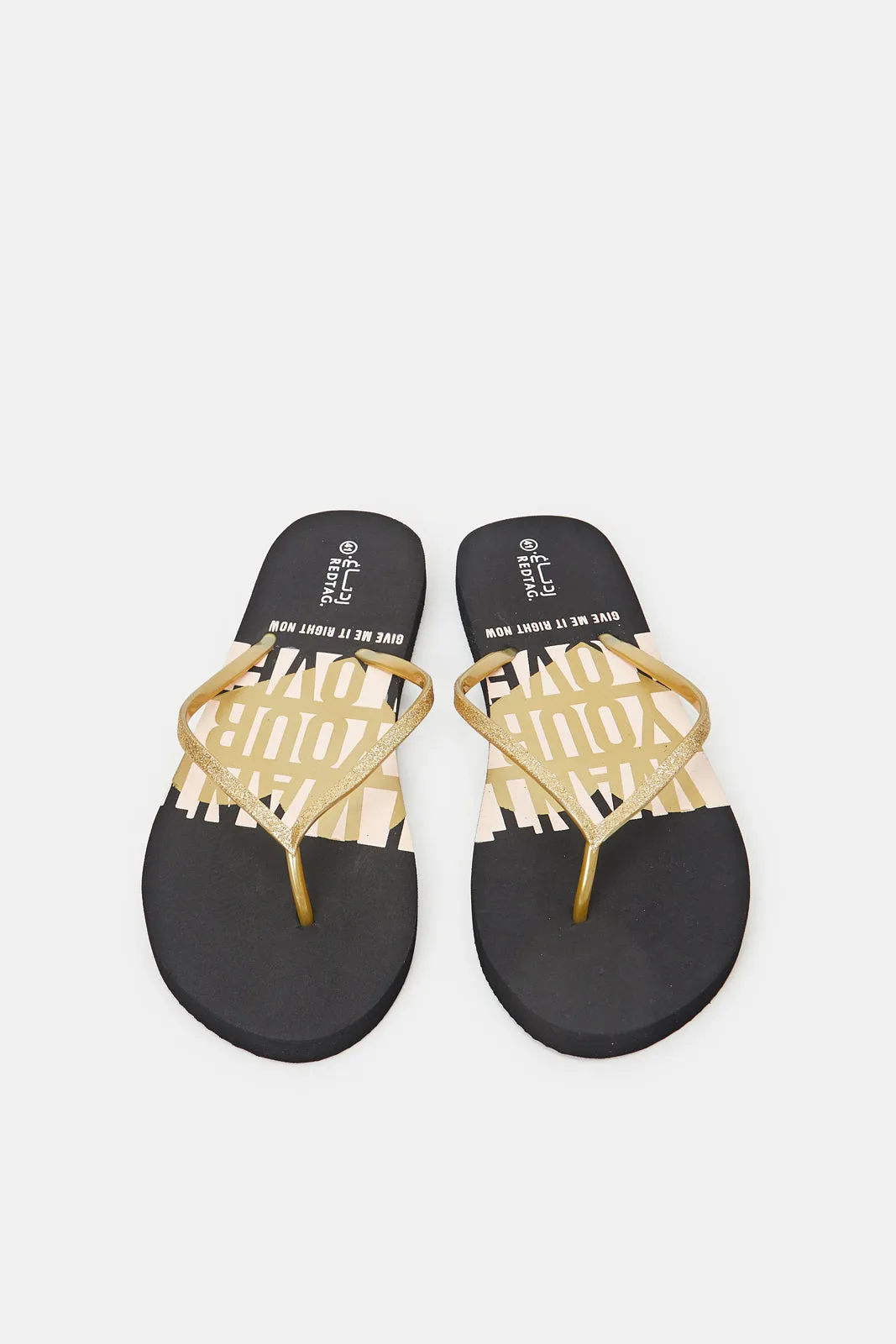 Women Black Flip Flop With Gold Upper