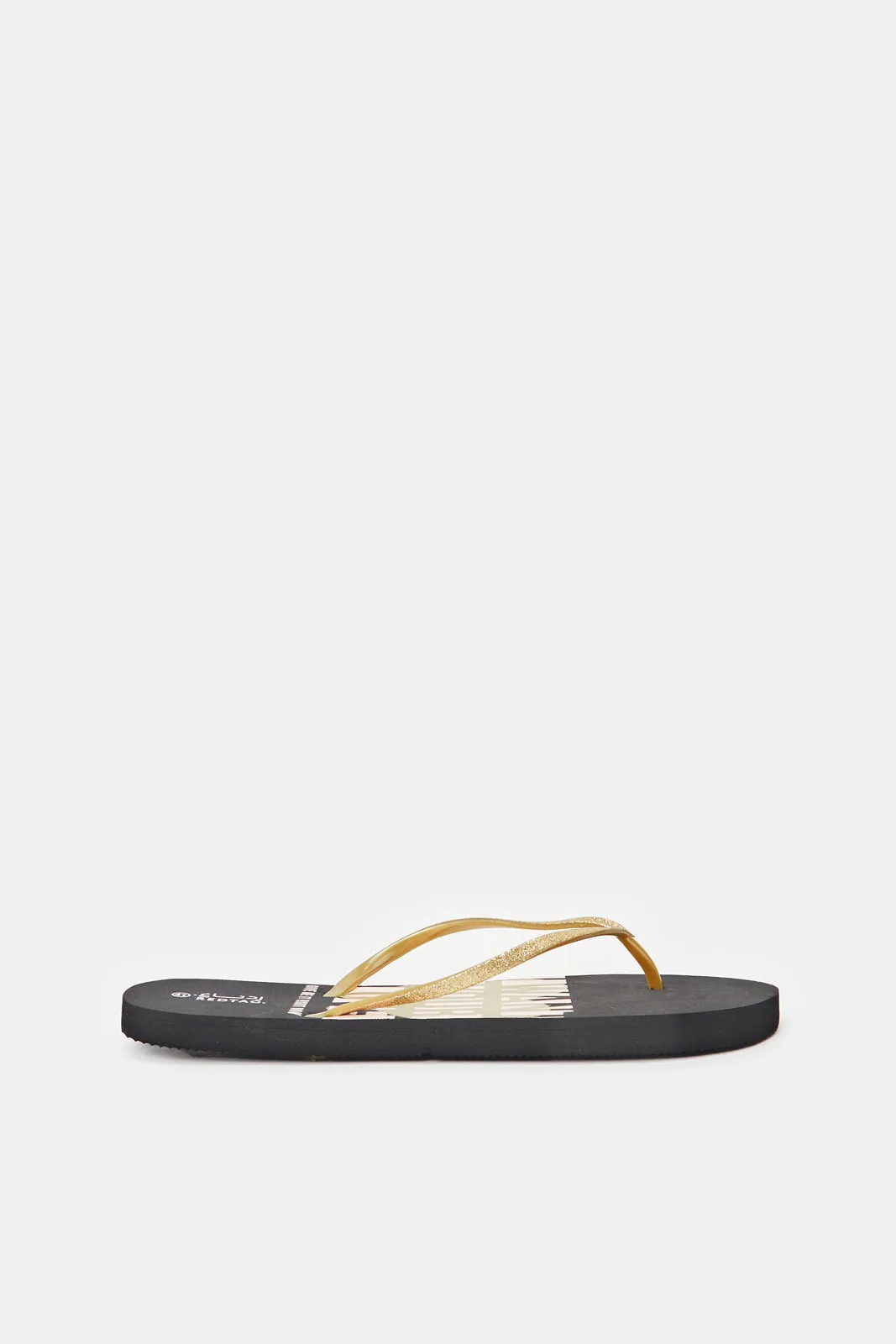 Women Black Flip Flop With Gold Upper