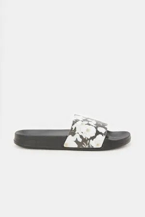 Women Black Floral Printed Slide