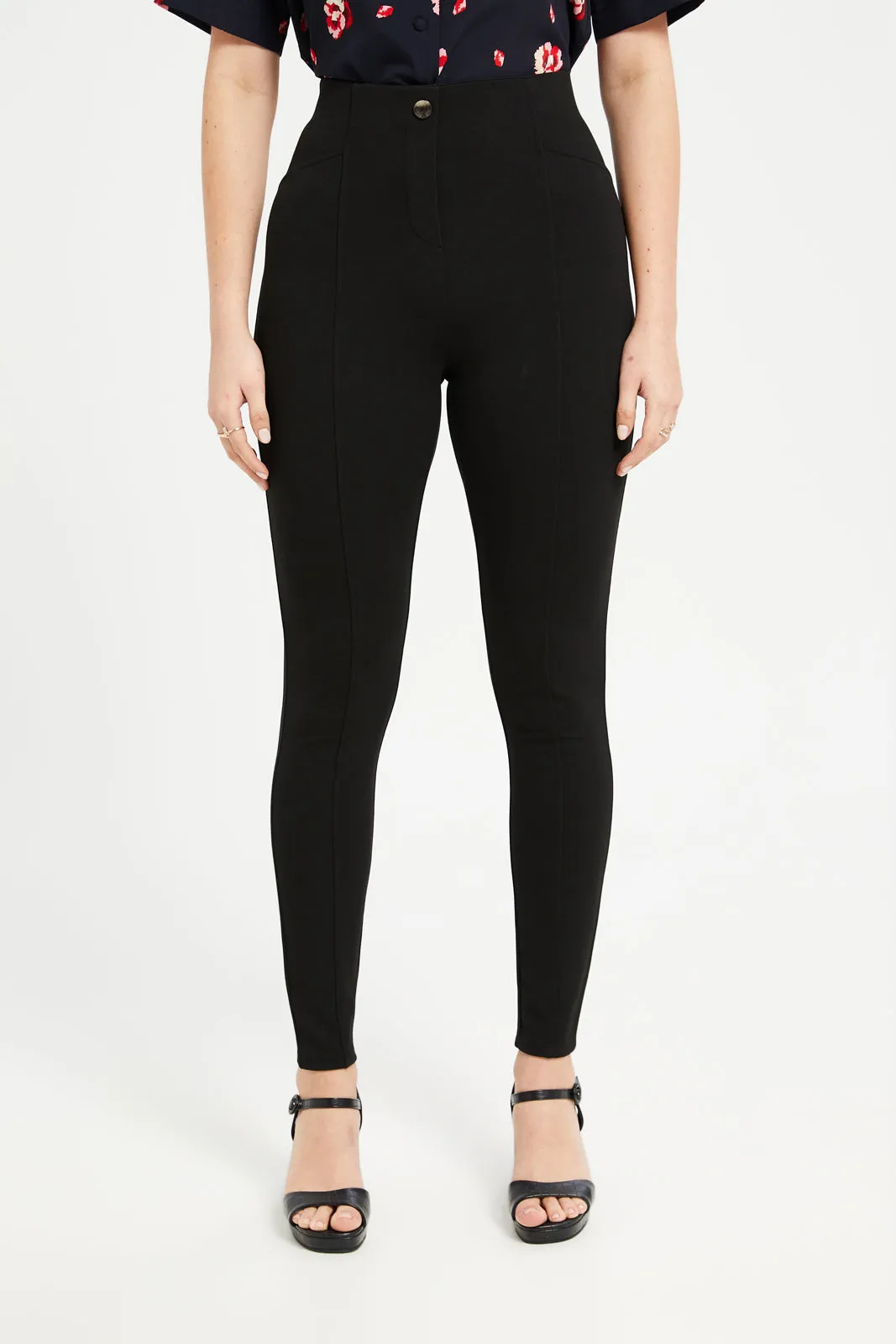 Women Black Legging With Button