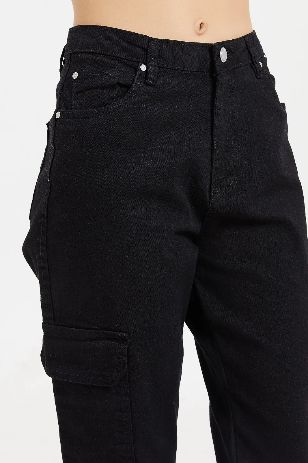 Women Black Mid Waist Pocket Detailing Cargo