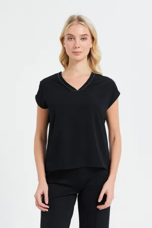 Women Black Neck Trim Detailed Top