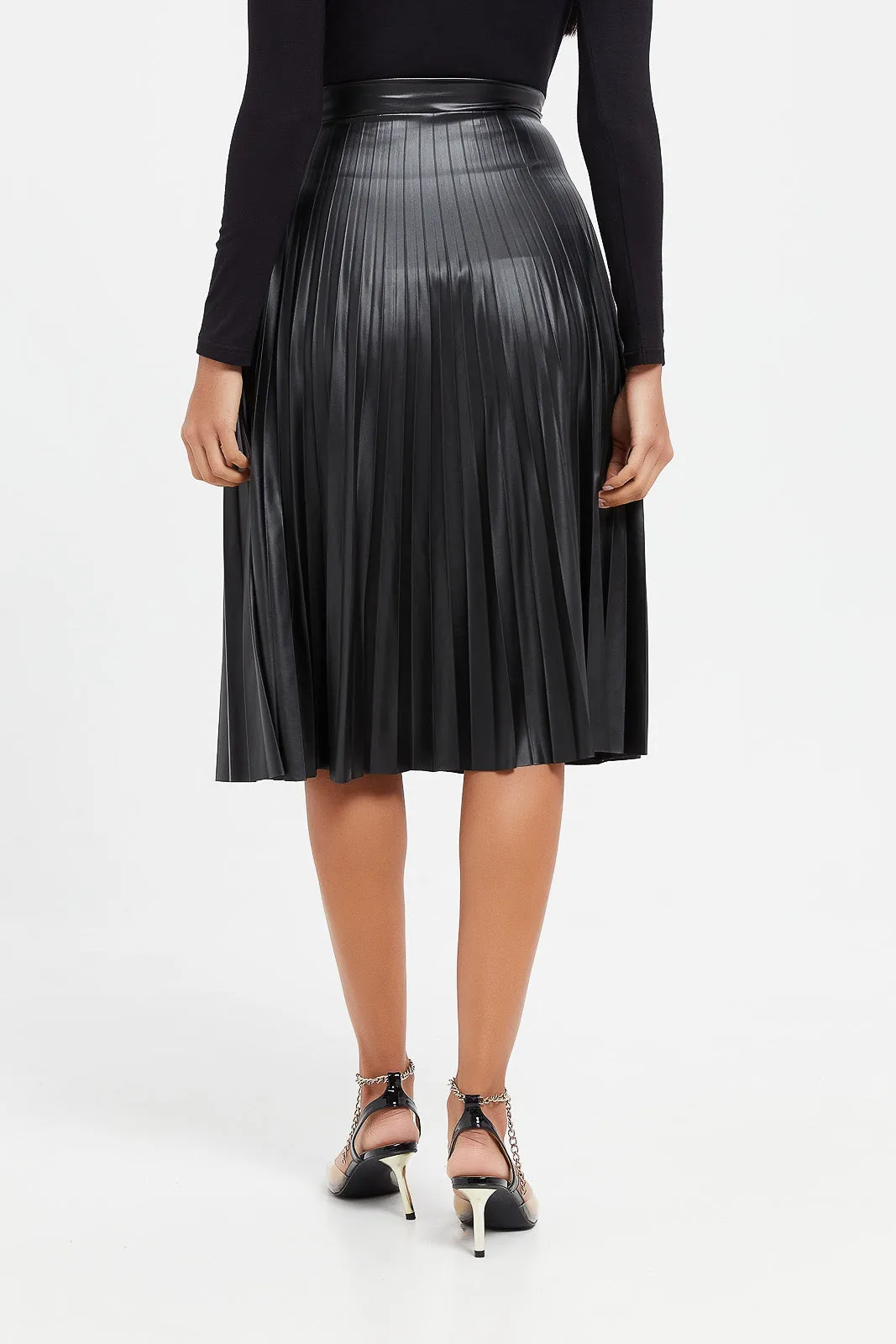 Women Black Pu Pleat Midi