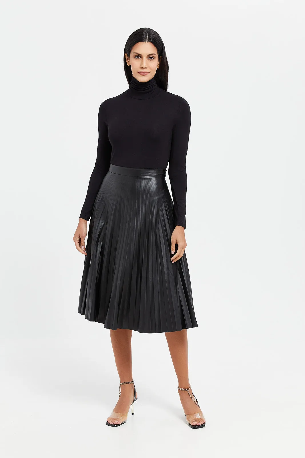 Women Black Pu Pleat Midi