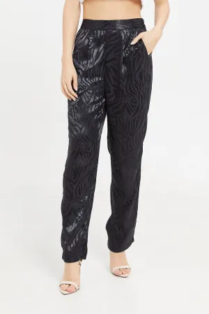 Women Black Satin Jacquard Trouser