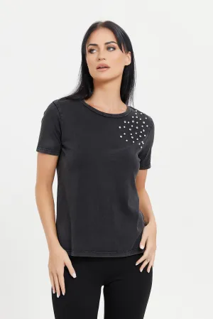 Women Black Shoulder Embellished T-Shirt