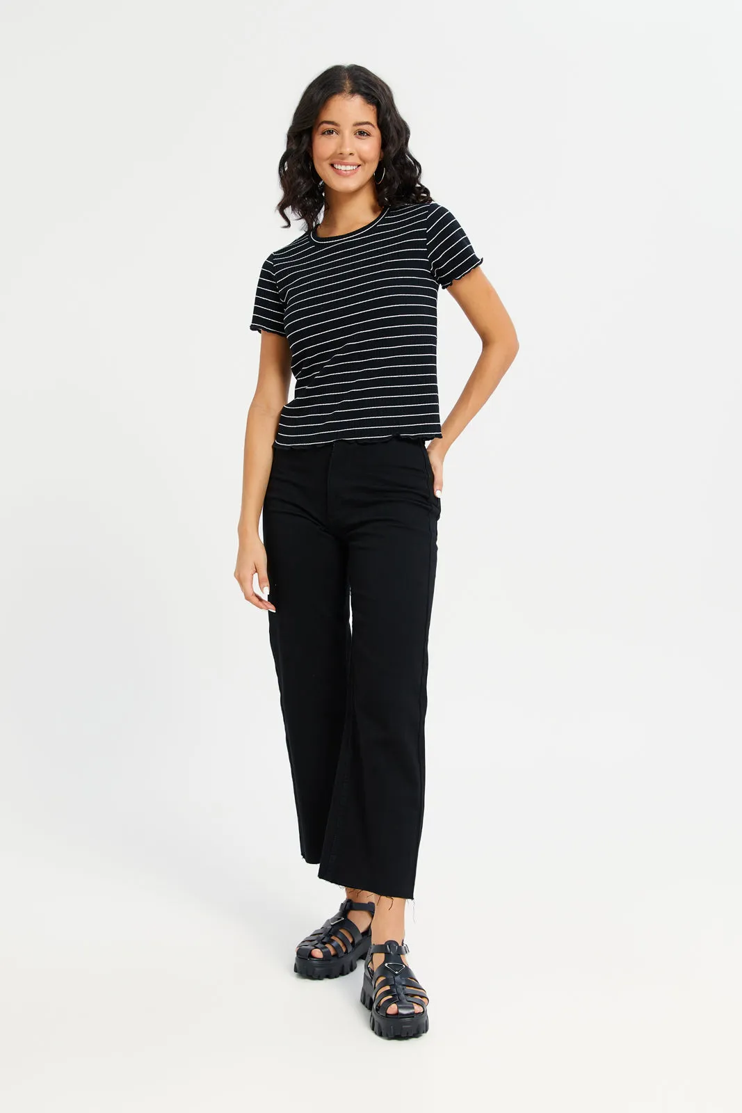 Women Black Stripe Rib T-Shirt