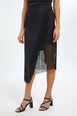 Women Black Tassel Mid Skirt