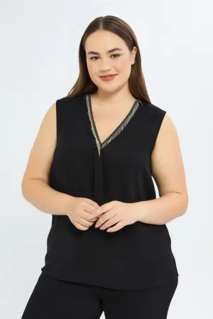 Women Black Top With Gold Neck Trim