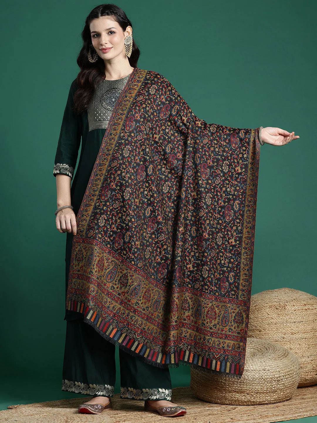 Women Black Wool Blend Floral Woven Design Shawl