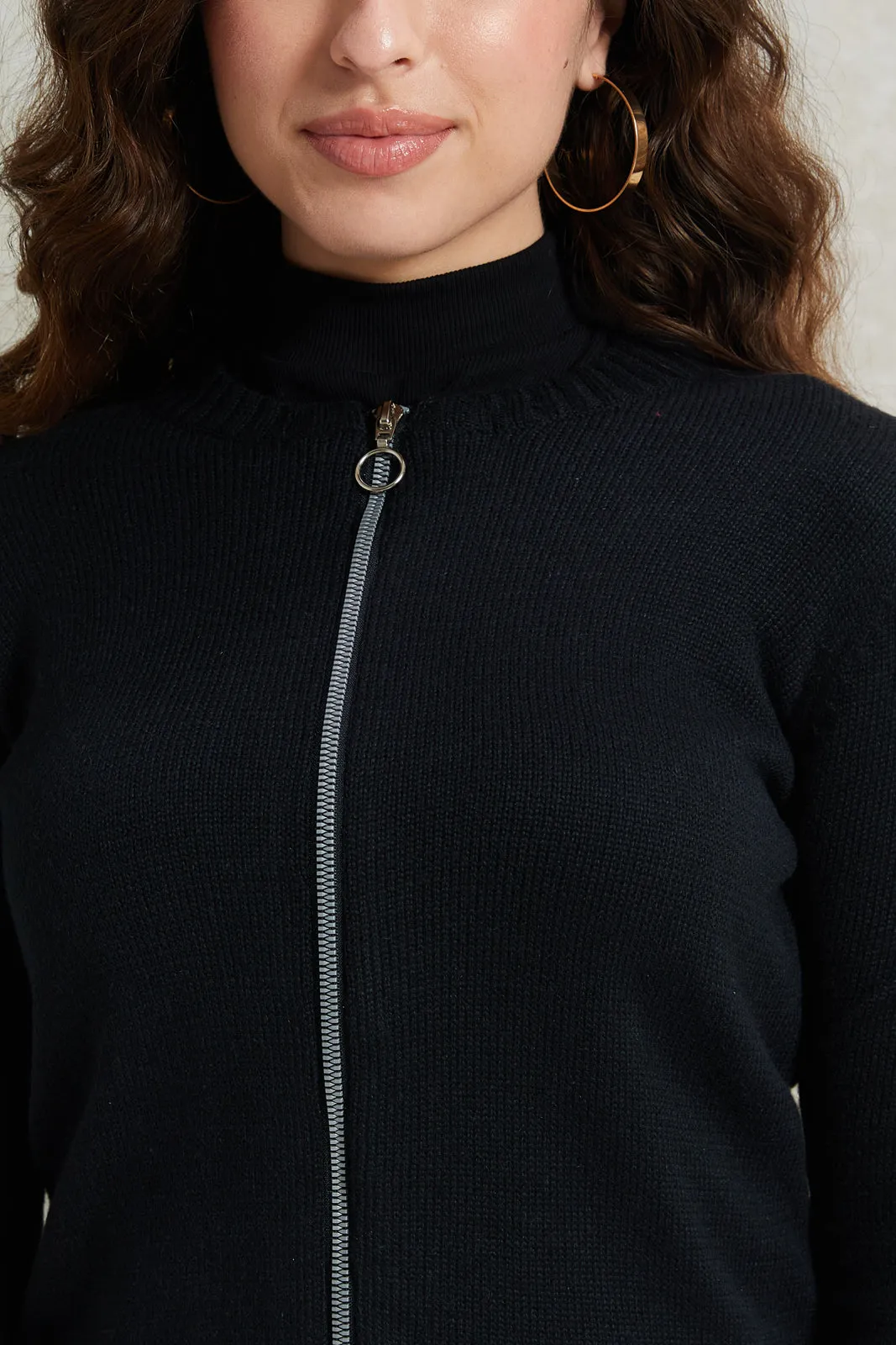 Women Black Zipper Sweater