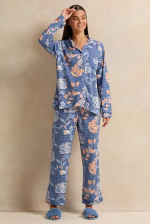 Women Blue And Orange Floral Long Sleeve Pyjama Set ( 2 Piece)