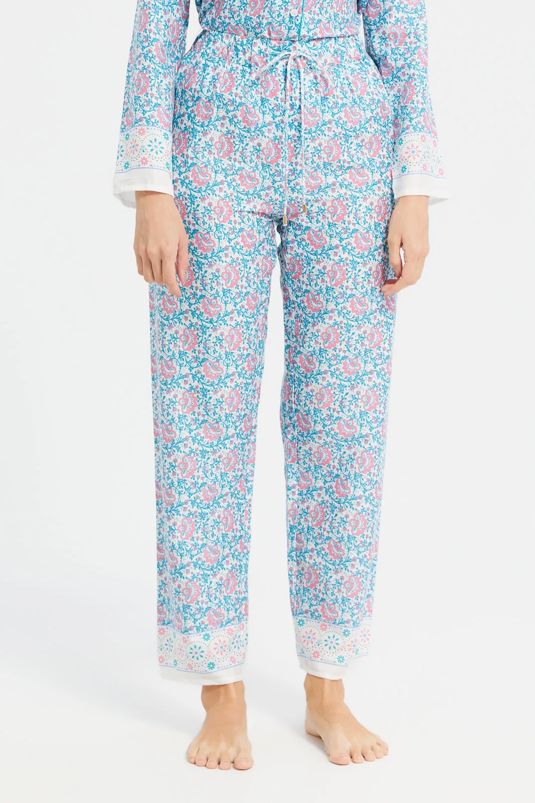 Women Blue And Pink Cotton Satin Border Classic Pyjama Set