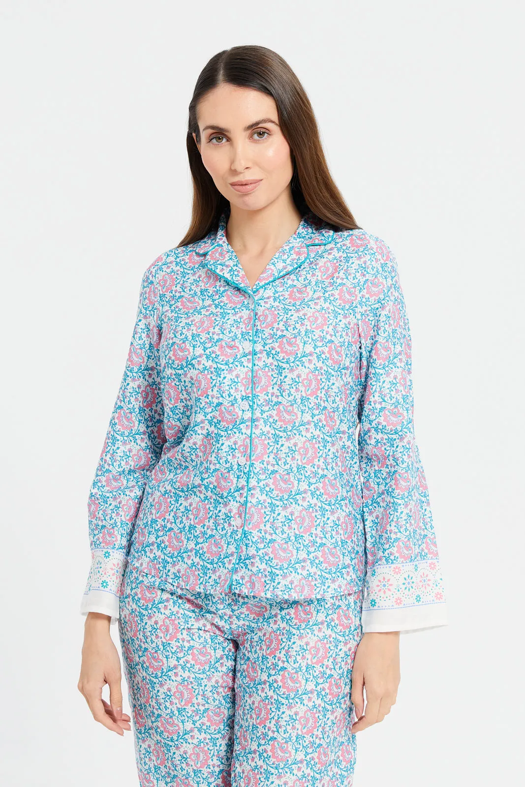 Women Blue And Pink Cotton Satin Border Classic Pyjama Set