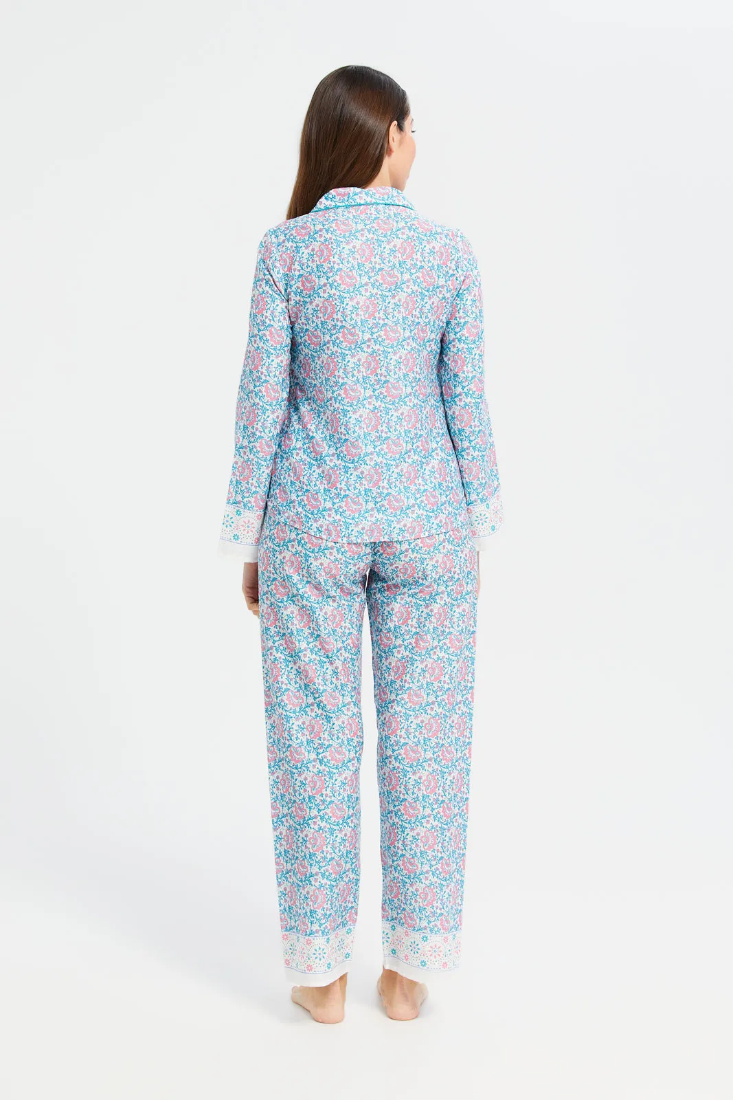 Women Blue And Pink Cotton Satin Border Classic Pyjama Set