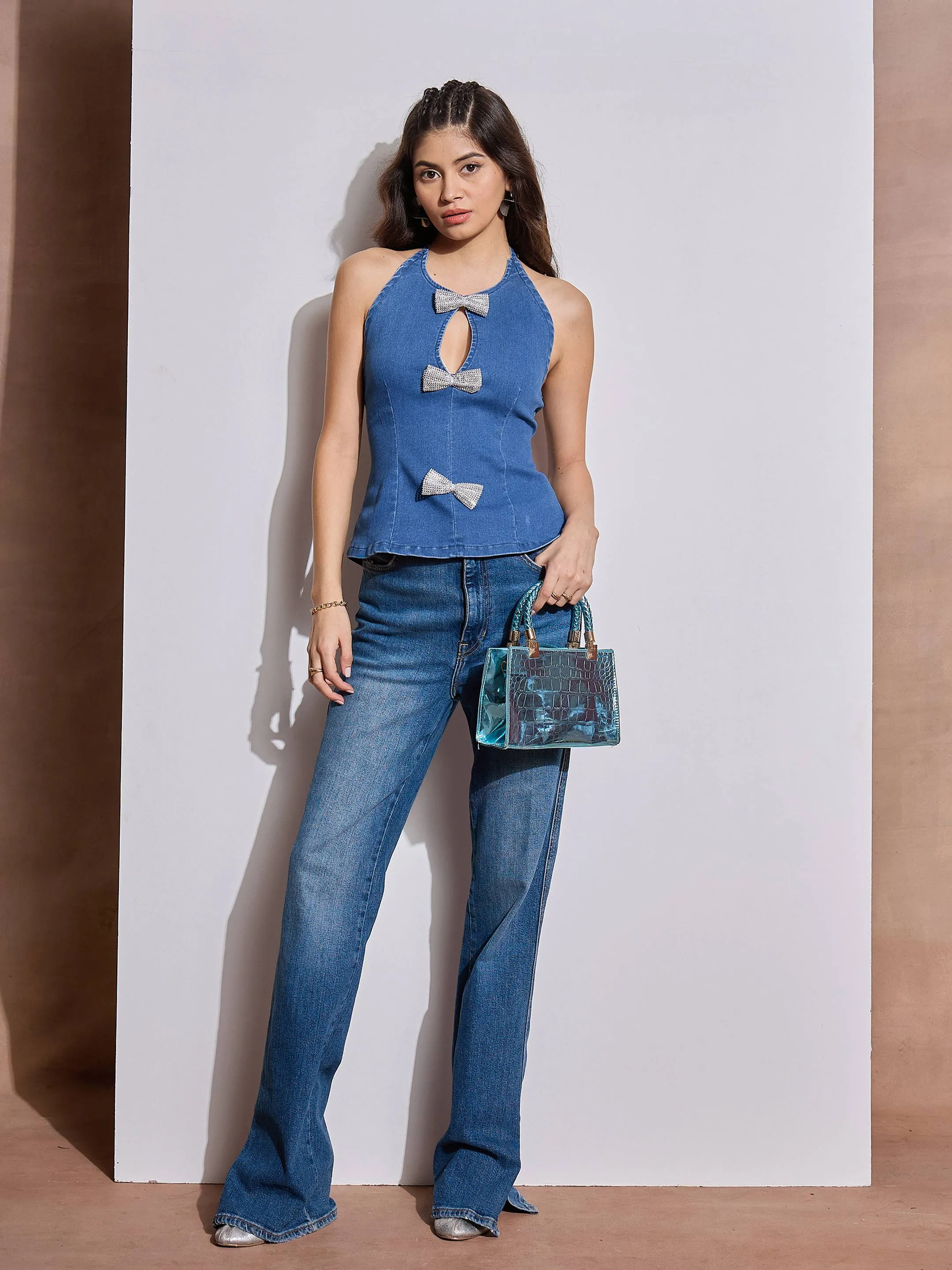 Women Blue Denim Halter Neck Top