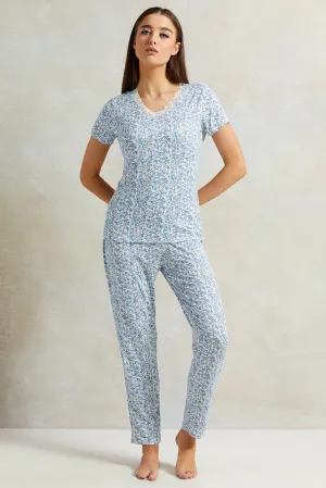 Women Blue Floral Printed Pyjama Set (2 Piece)