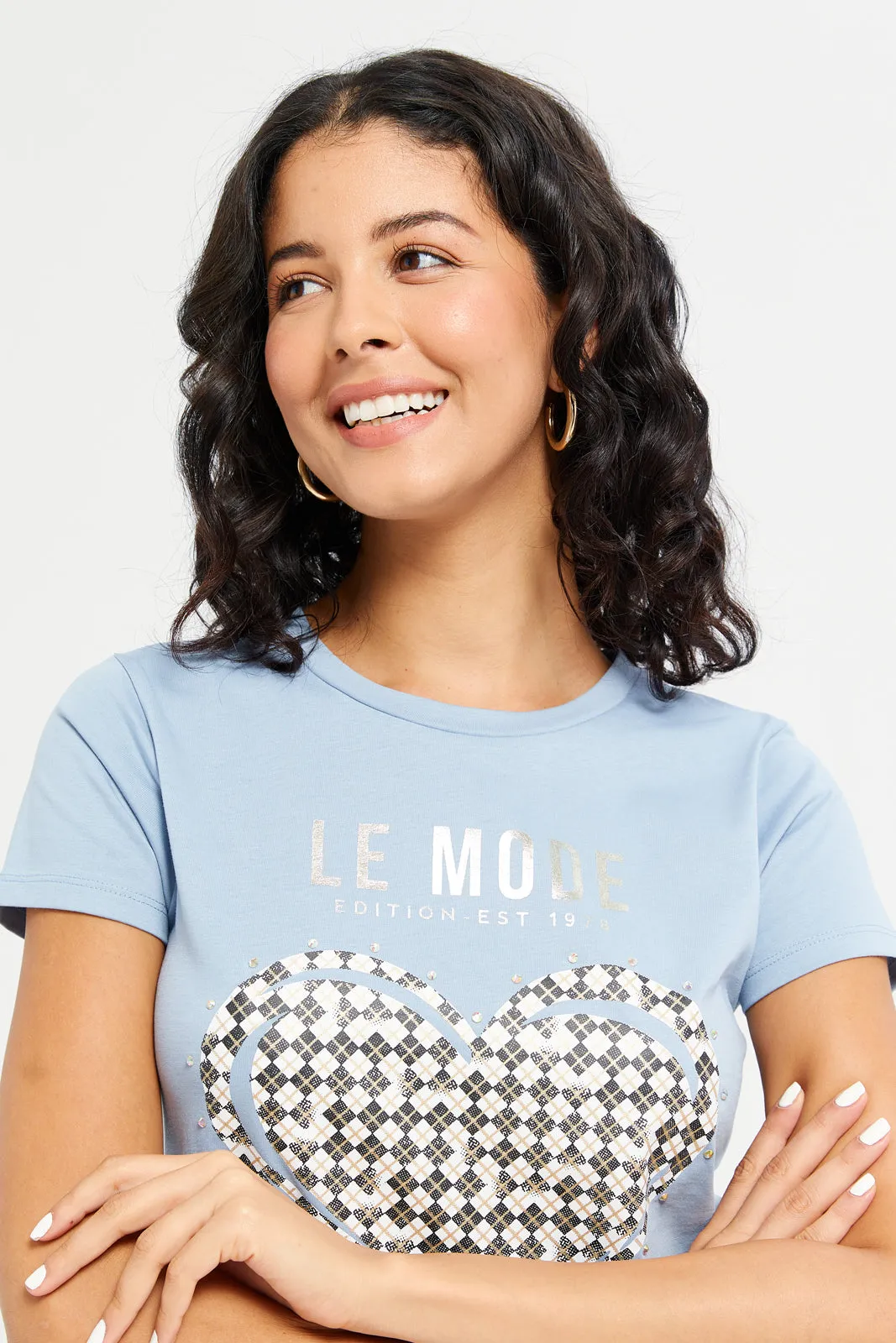 Women Blue Le Mode Embellished T-Shirt